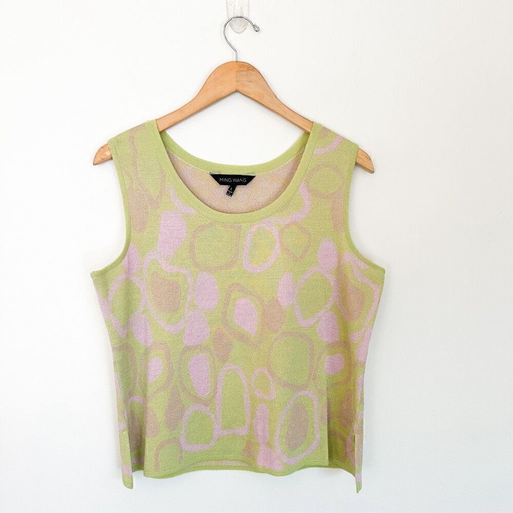 Ming Wang Women’s 80s Retro Abstract Liquid Line Lime Green Pastel Purple Scoop